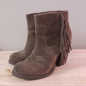 Taupe Fringe Suede Block Heel Booties